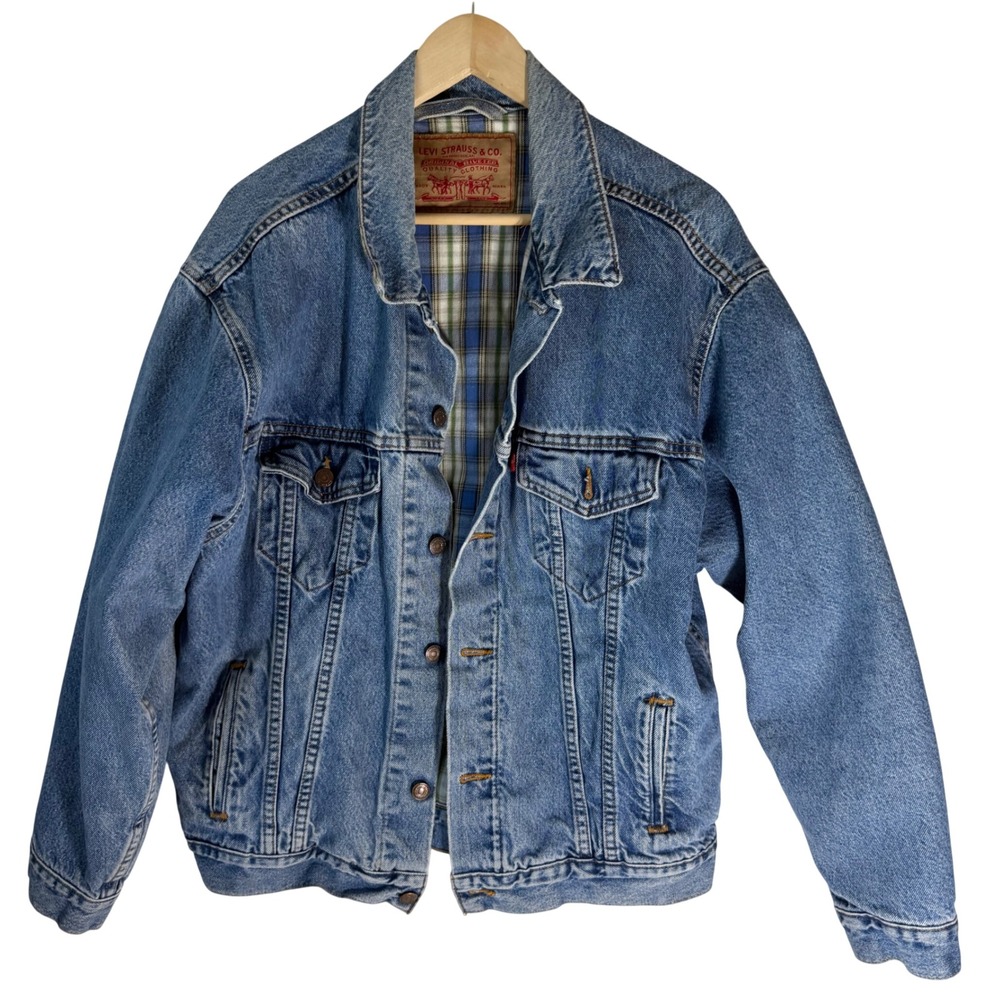 Vintage Levis 70699-0289 Plaid Flannel Lined Denim Trucker Jacket Mens Large USA